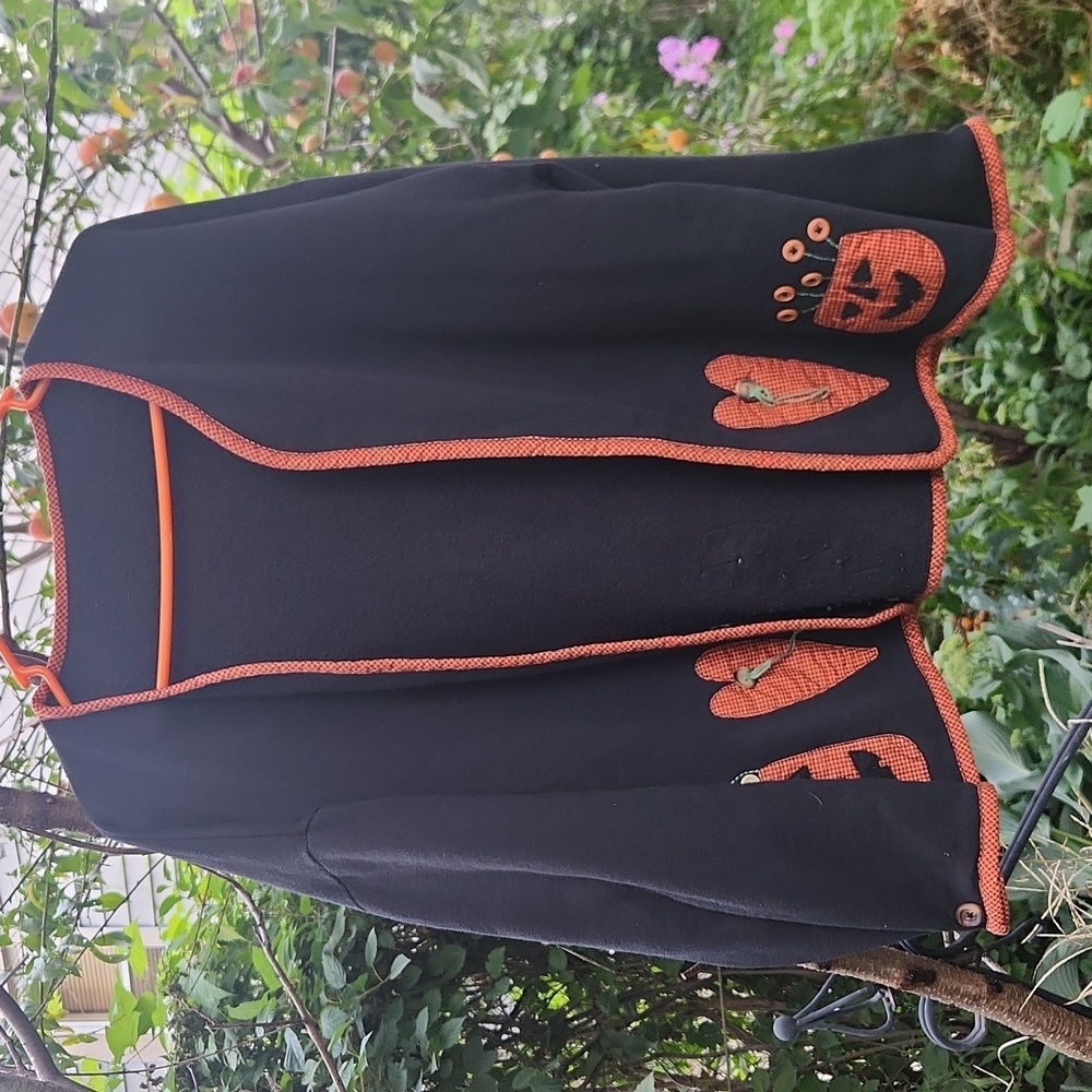 Women's Fall Harvest Halloween, Open Black & Orange Pumpkin Cardigan Sz XL
